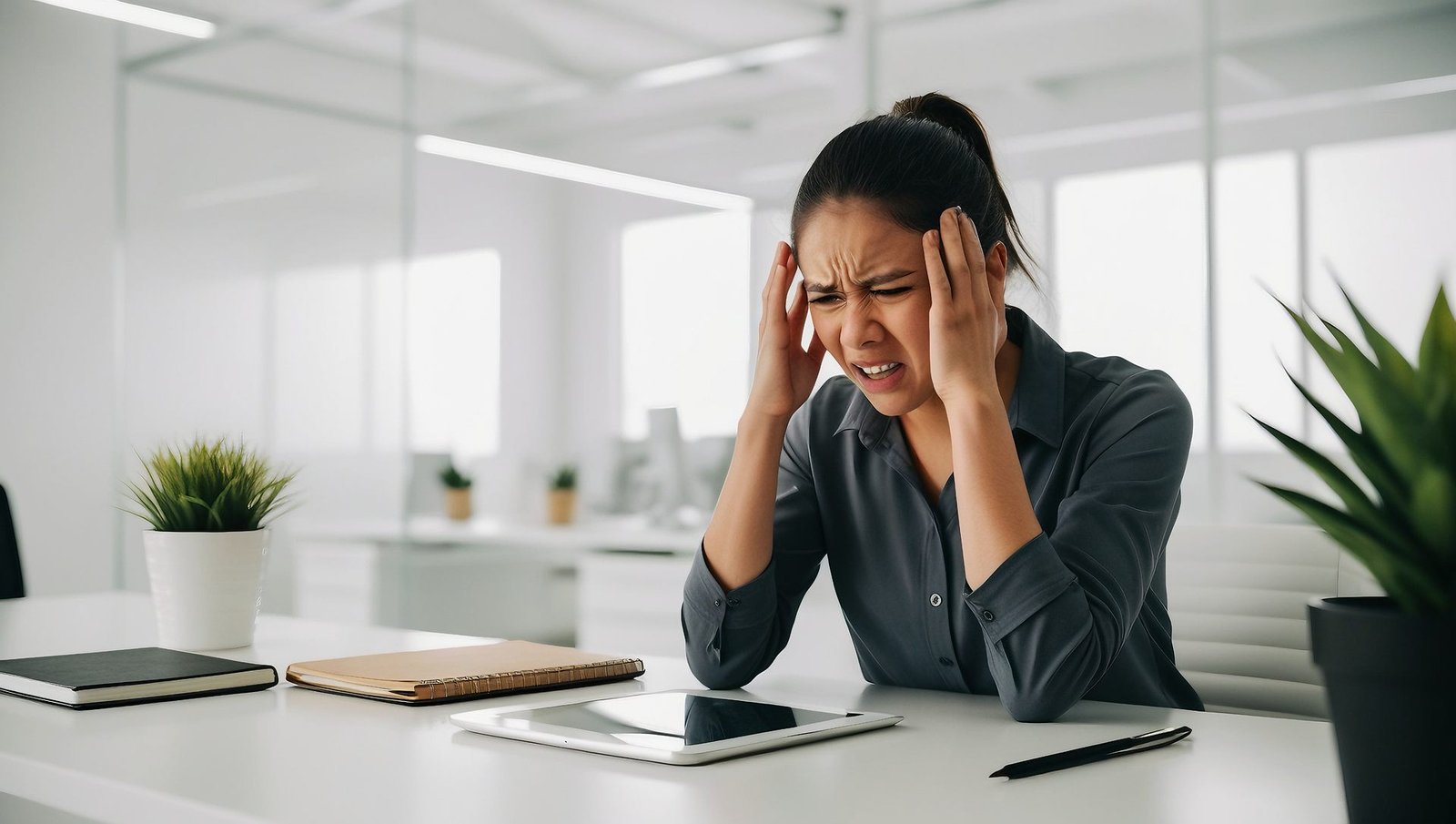 A professional overwhelmed at her desk, head in her hands